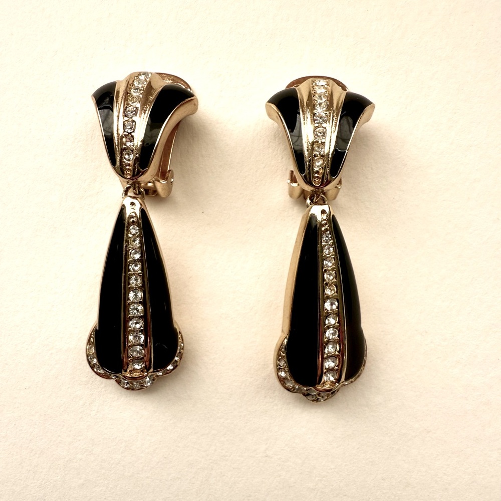 Vintage Christian Dior clip on Dangle earrings black enamel and rhinestones